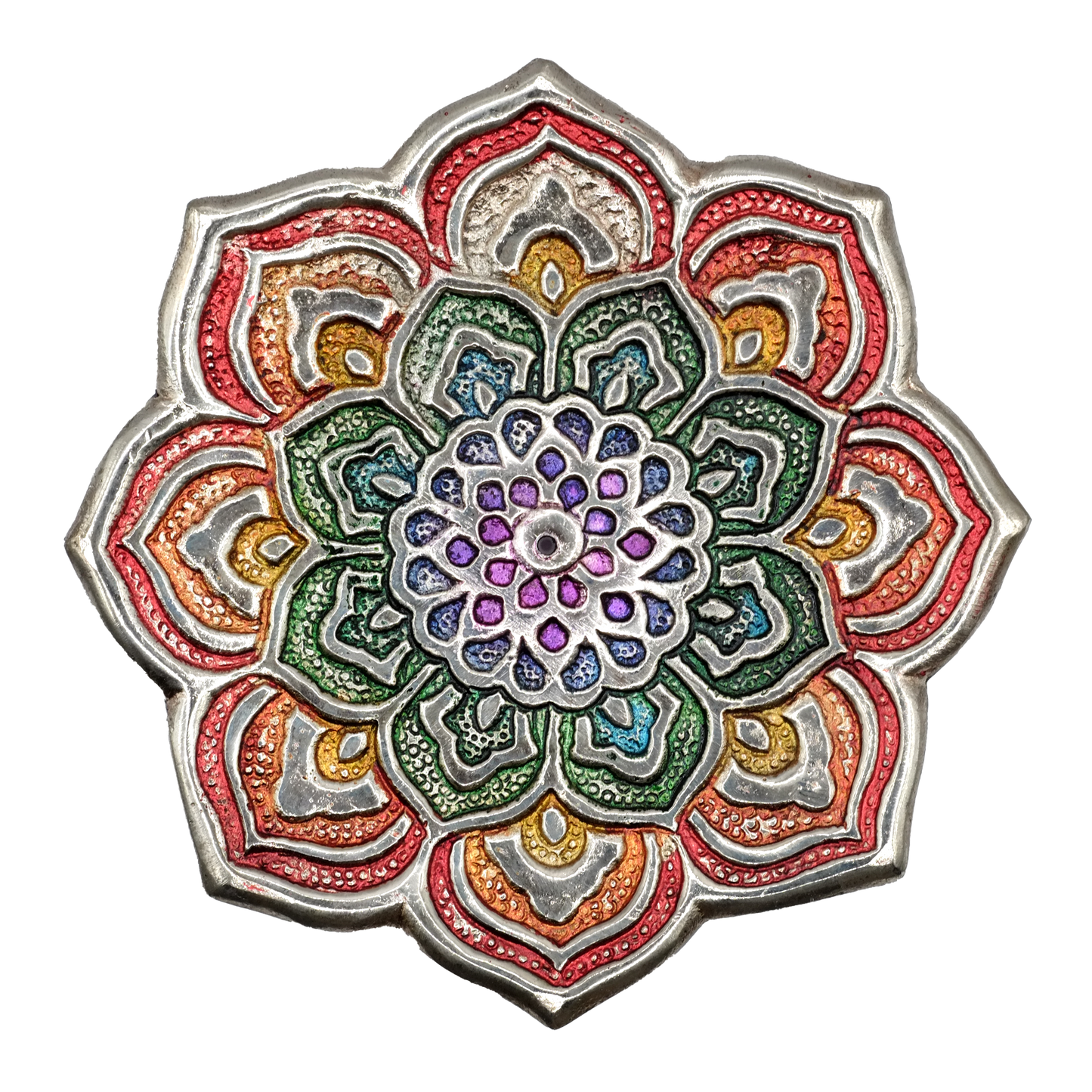 Porte-encens décoratif composé d'une fleur de mandala spirituel aux pétales arc-en-ciel entrelacés