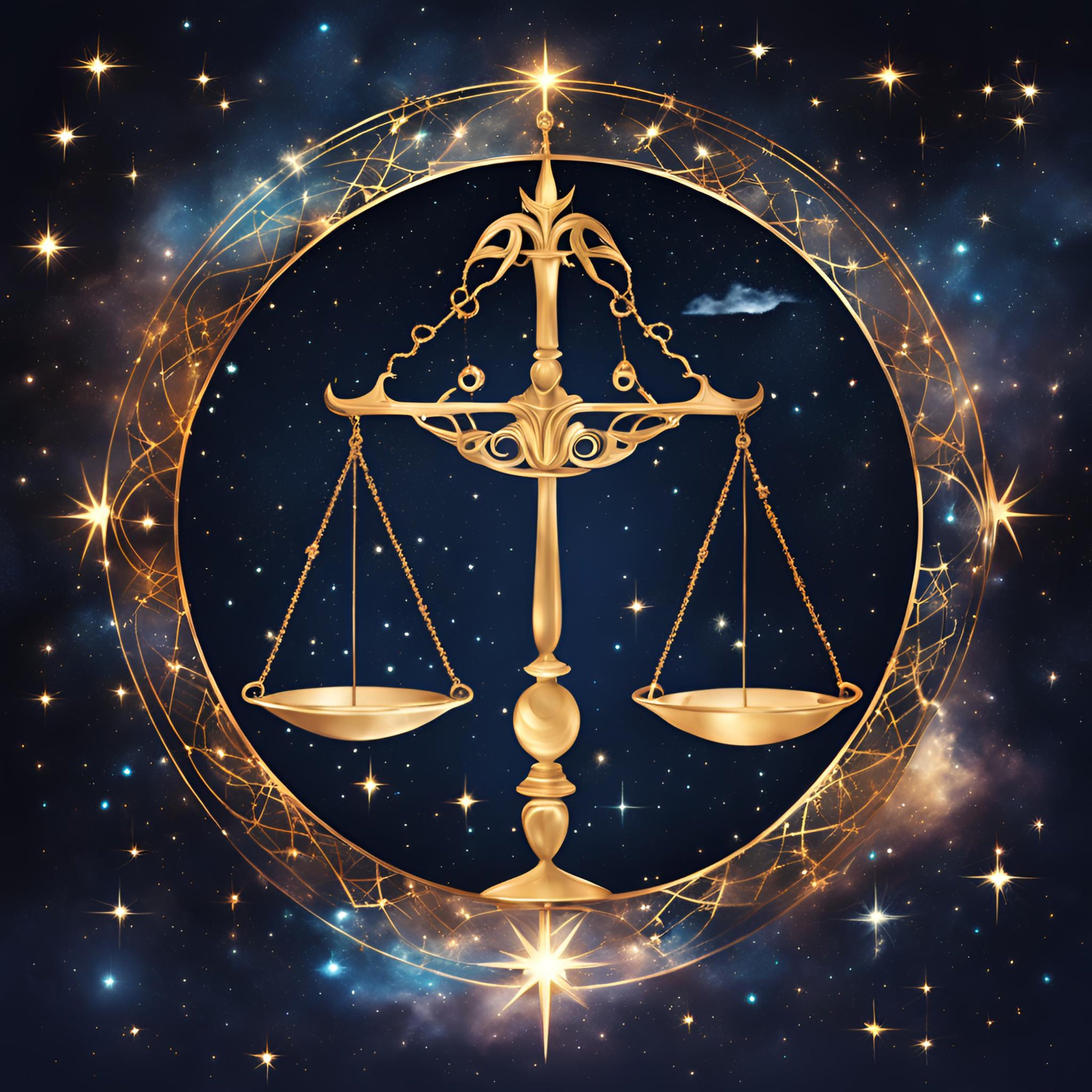 Un dessin d'une balance dorée représentant le signe astrologique balance, dans un cercle sur un fond de galaxie étoilée.