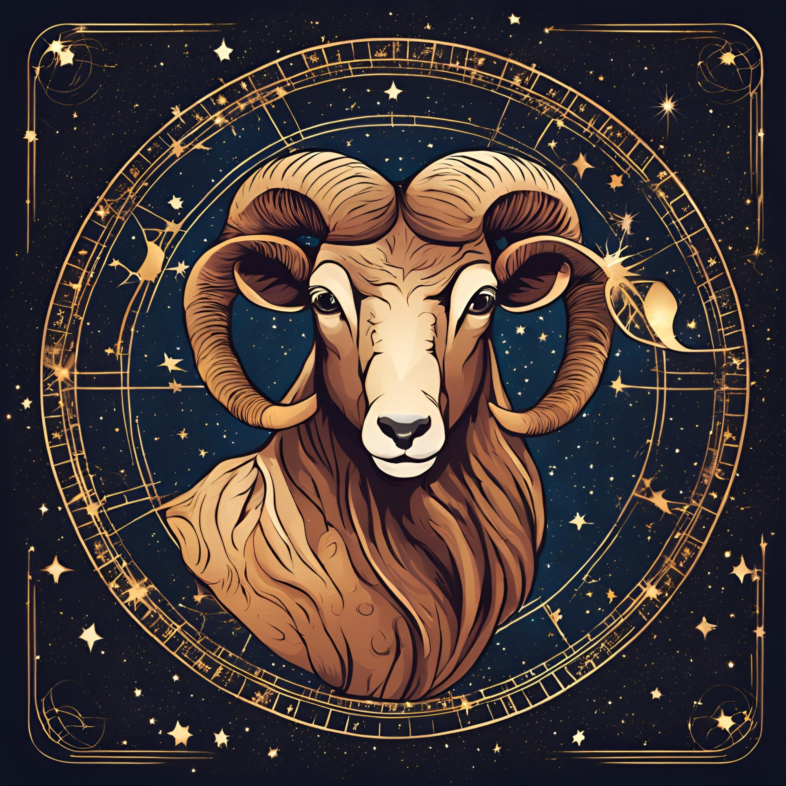 Un dessin de bélier représentant le signe astrologique Bélier, dans un cercle sur un fond de galaxie étoilée.