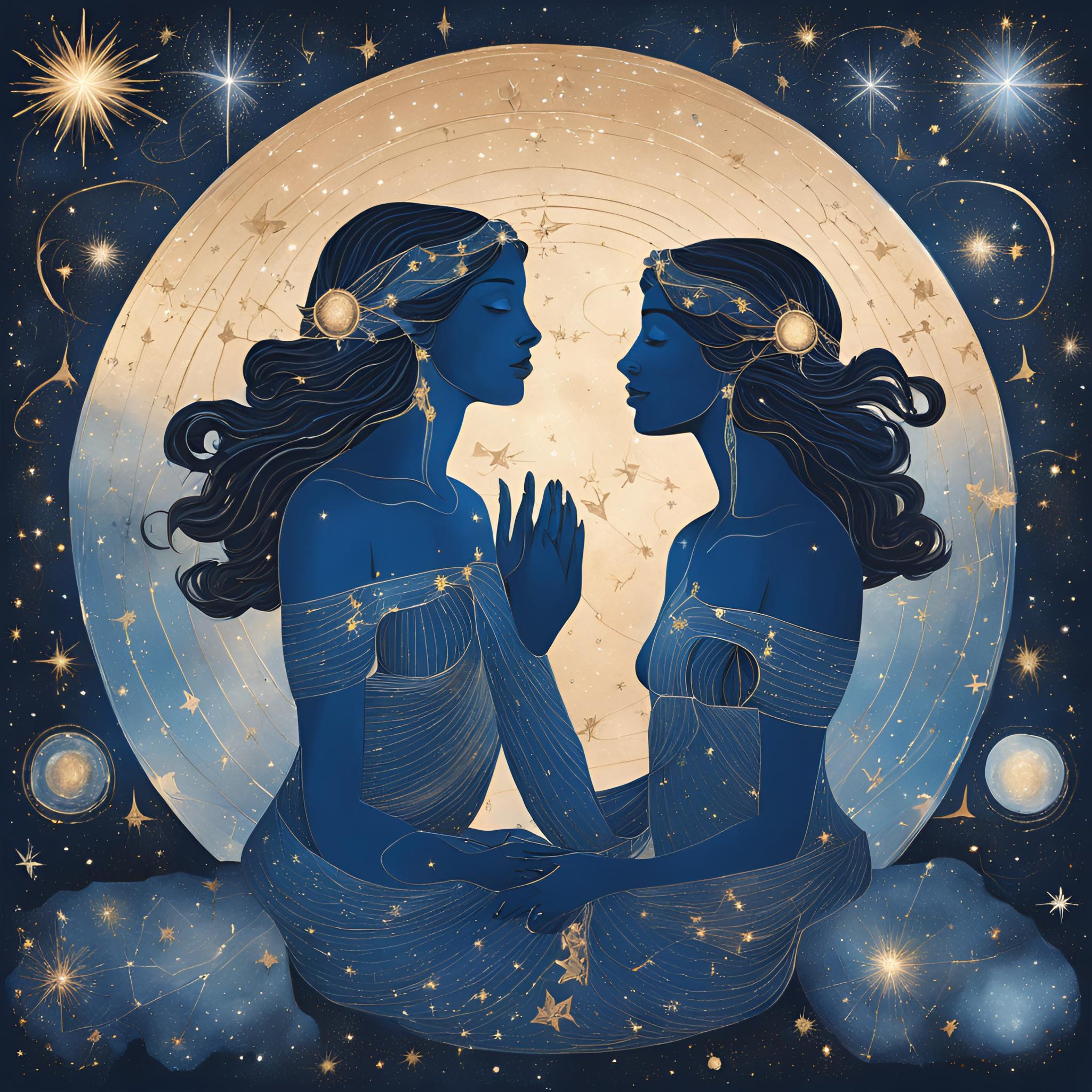 Un dessin de deux femmes jumelles représentant le signe astrologique gémeaux. Elles sont assises face à face en position de méditation devant une pleine lune sur un fond de galaxie étoilée.
