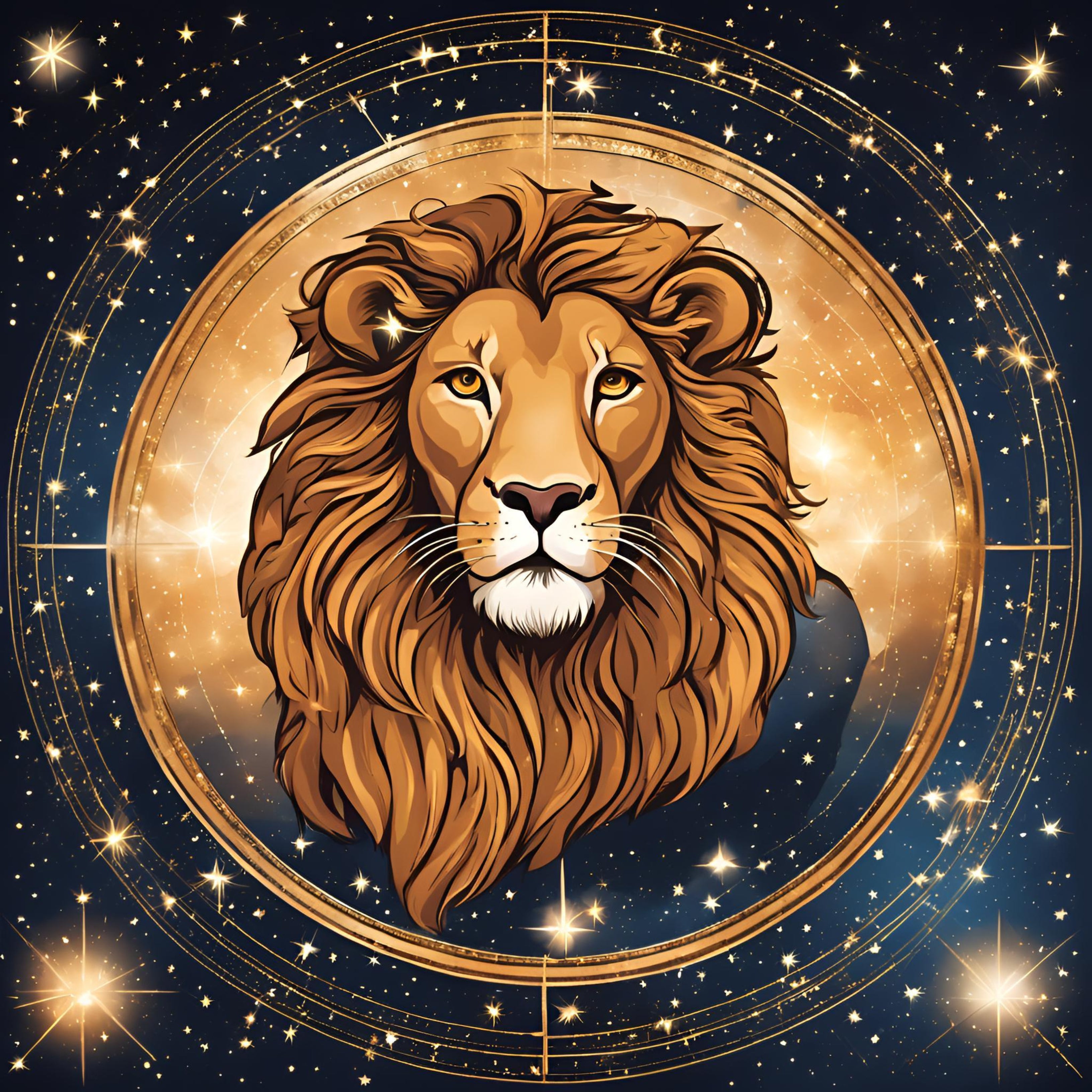 Un dessin de lion représentant le signe astrologique lion, dans un cercle sur un fond de galaxie étoilée.