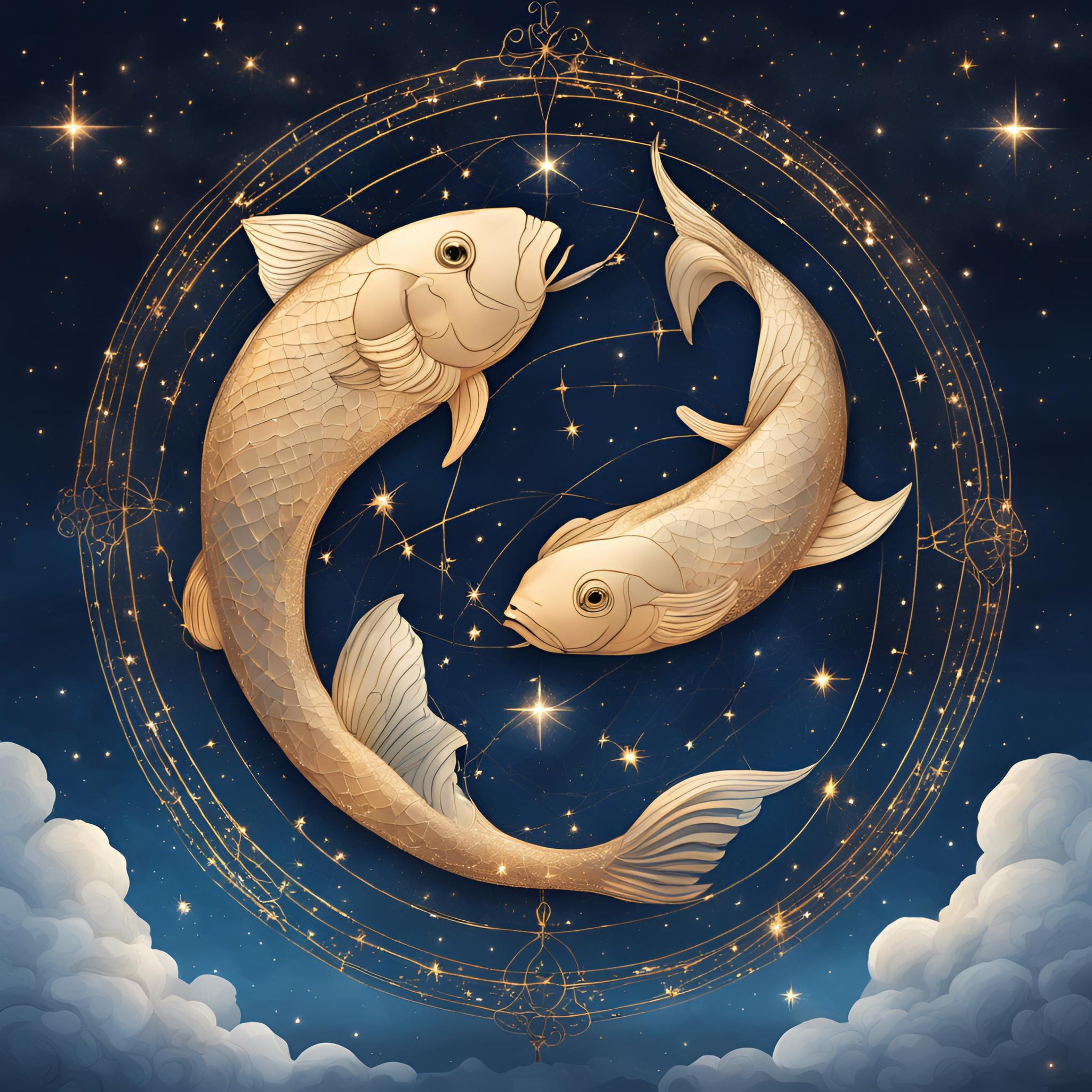 Un dessin de deux poissons représentant le signe astrologique poissons, dans un cercle sur un fond de galaxie étoilée.