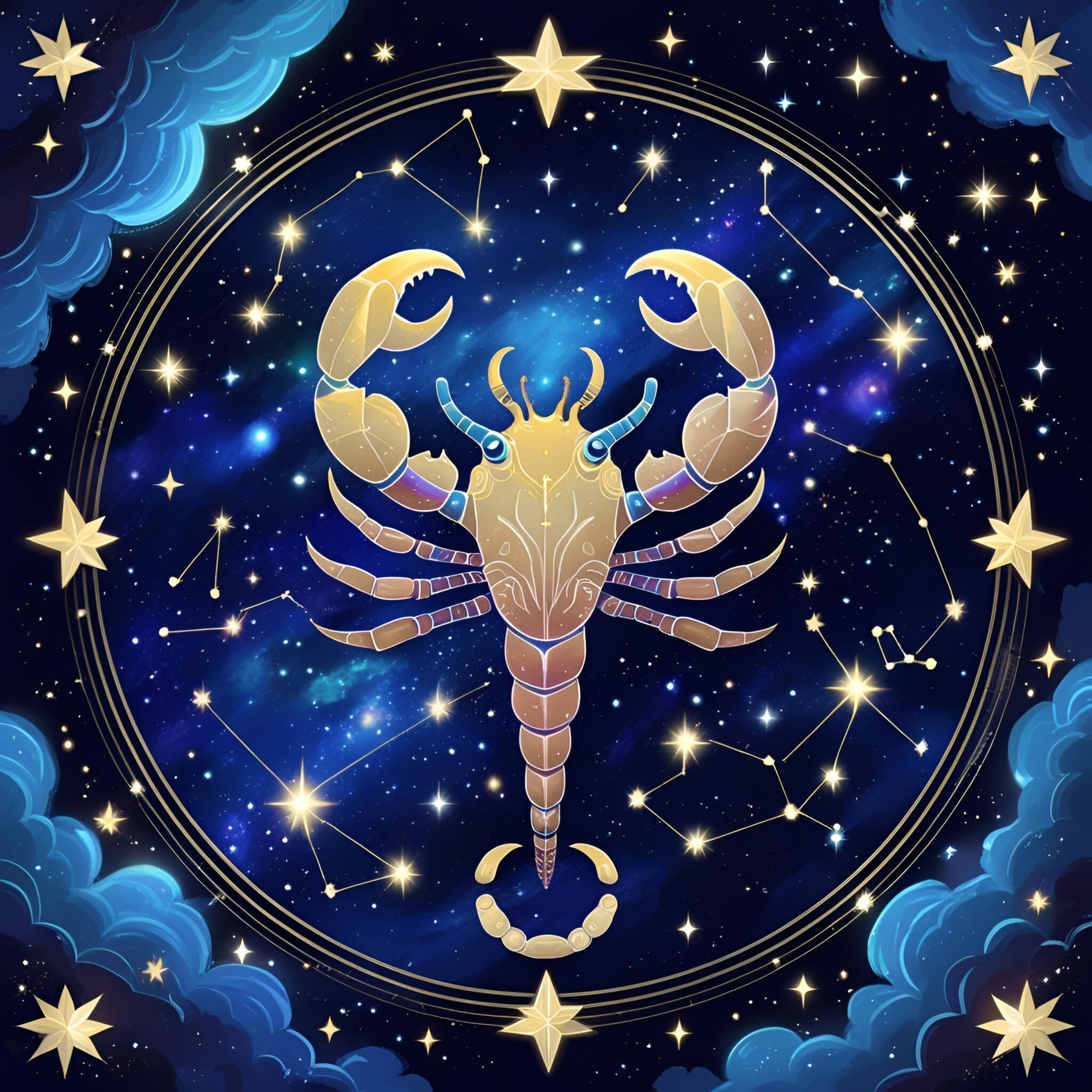 Un dessin de scorpion coloré représentant le signe astrologique scorpion, dans un cercle sur un fond de galaxie étoilée.