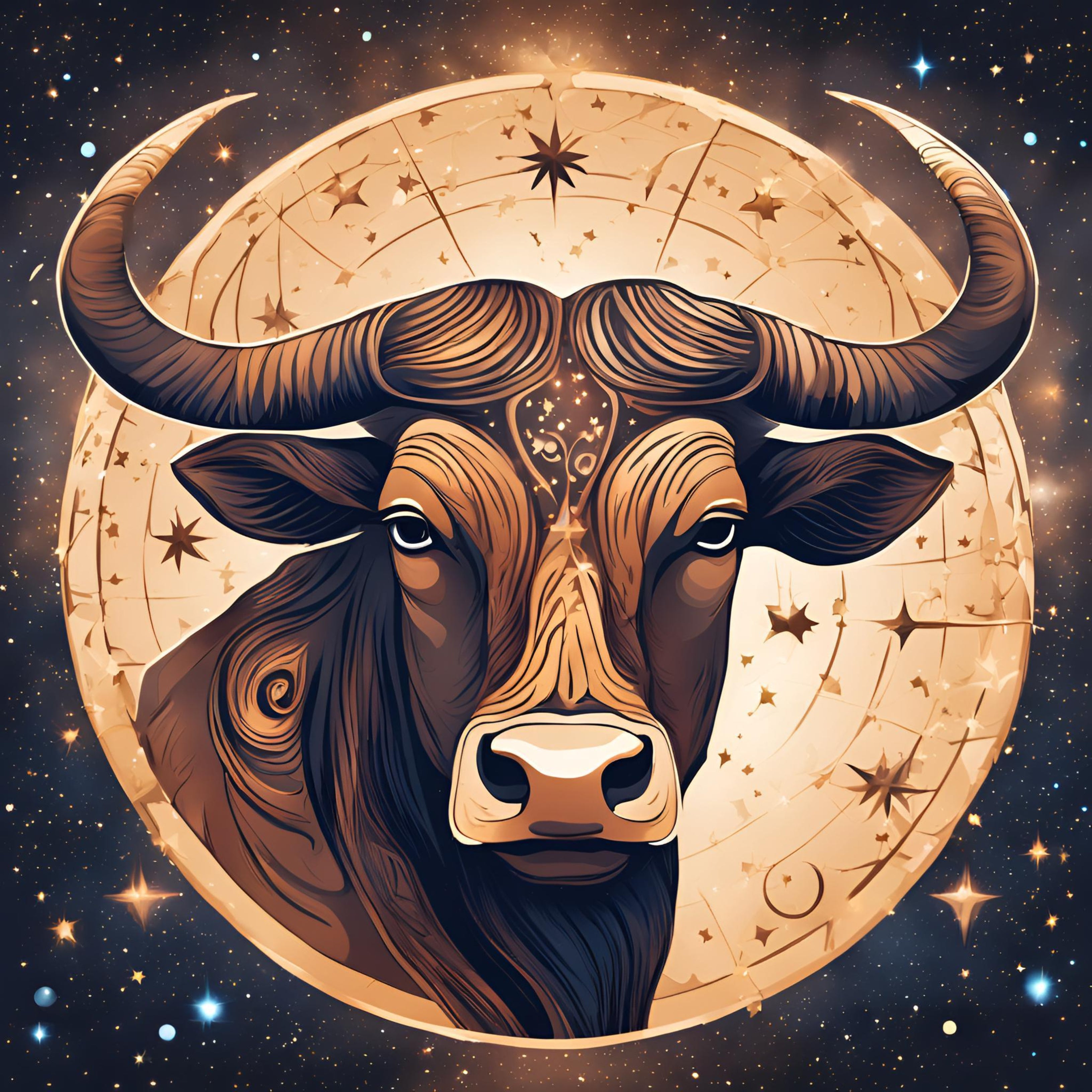 Un dessin de taureau, représentant le signe astrologique taureau. Il est dans un cercle doré représentant la lune sur un fond de galaxie étoilée.
