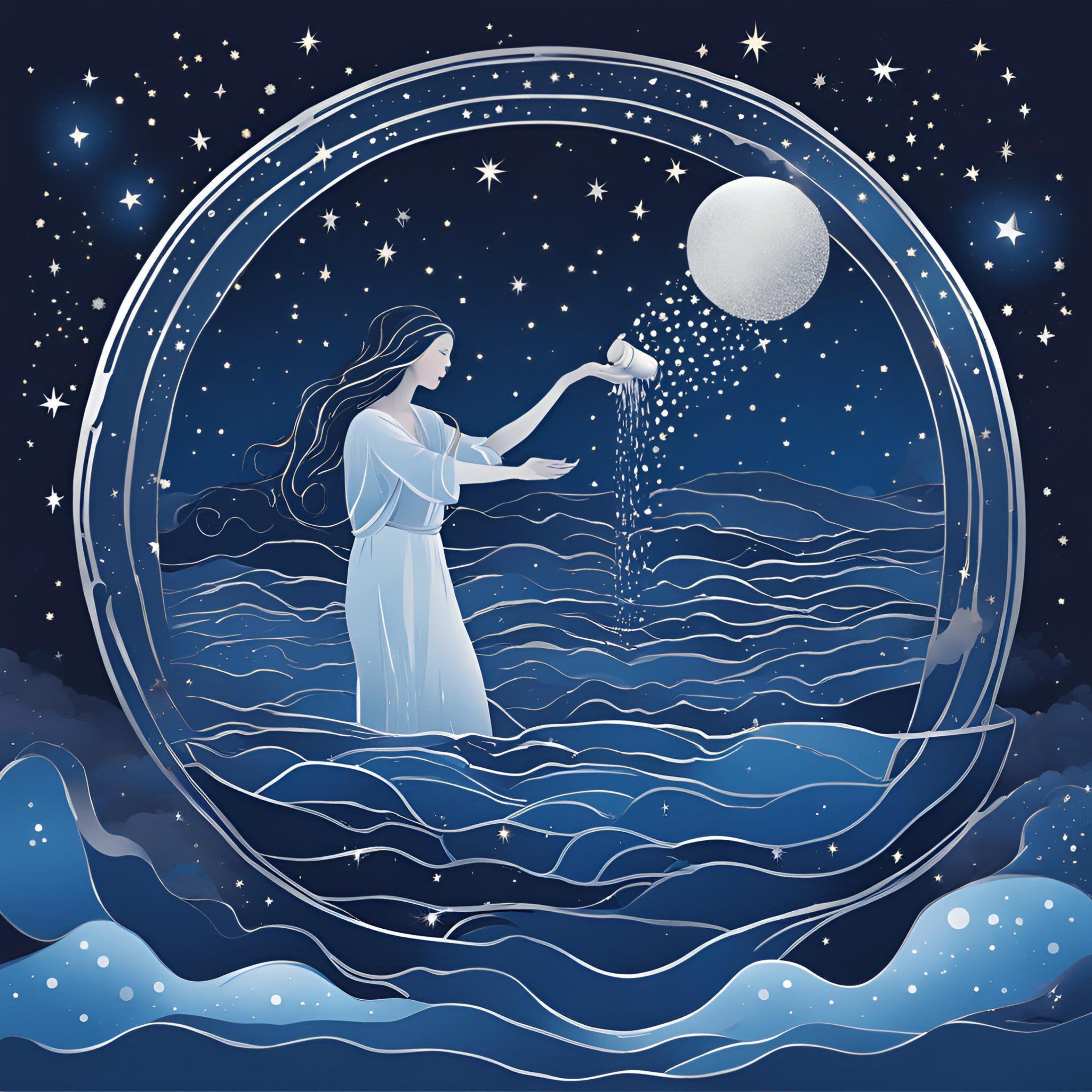 Un dessin femme aux cheveux longs en robe blanche représentant le signe astrologique Verseau. Elle se tient debout dans l'eau et verse un récipient d'eau. Elle est entourée dans un cercle sur un fond de ciel étoilée.
