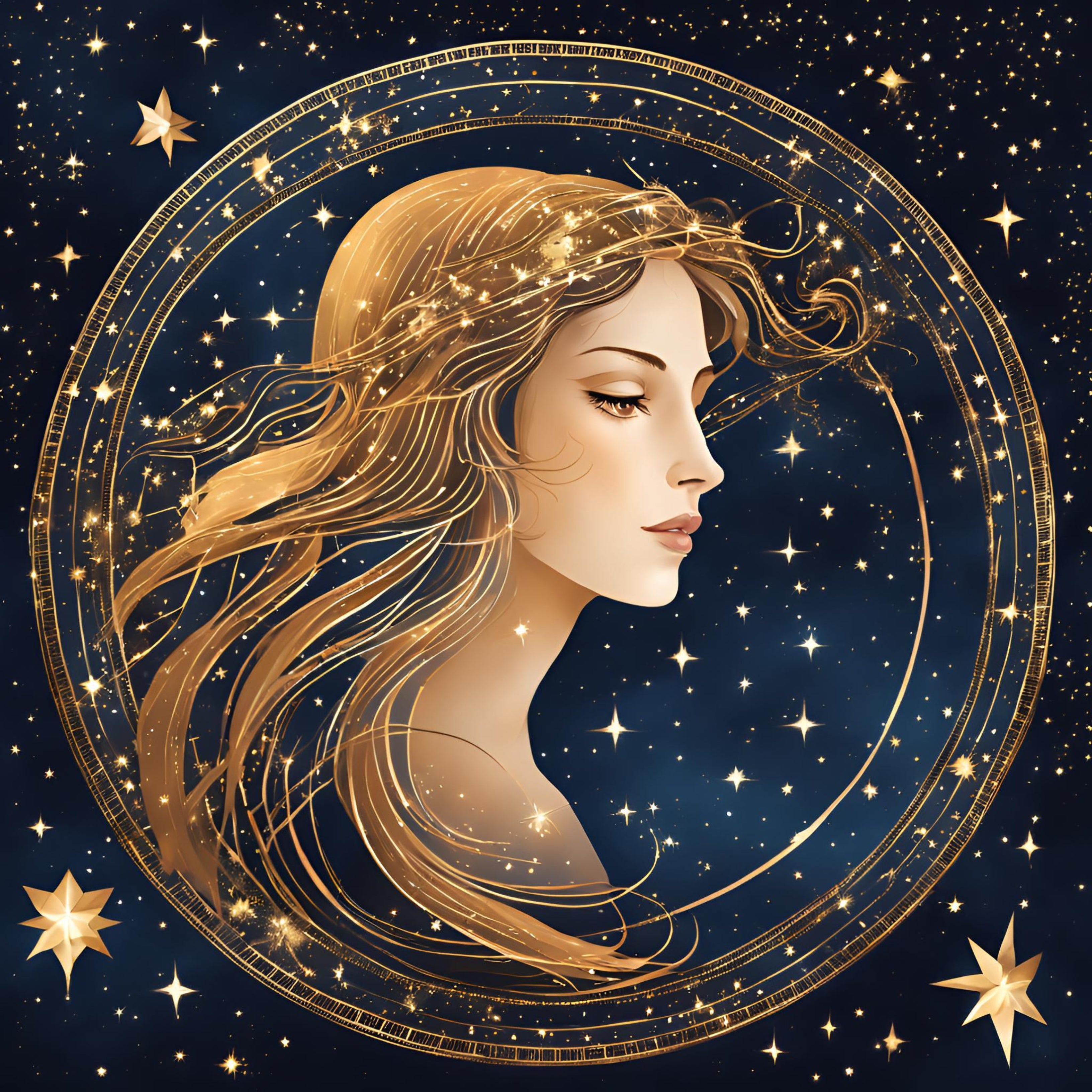 Un dessin de femme aux cheveux blonds représentant le signe astrologique Vierge, dans un cercle sur un fond de galaxie étoilée.