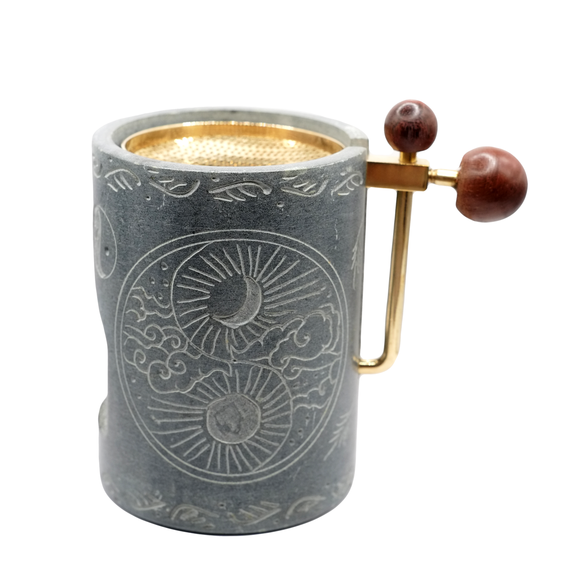 Brûle-encens pour résines bleu / gris en stéatite réglable en hauteur avec motif "yin-yang".
