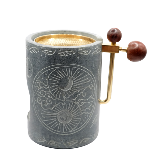 Brûle-encens pour résines bleu / gris en stéatite réglable en hauteur avec motif "yin-yang".