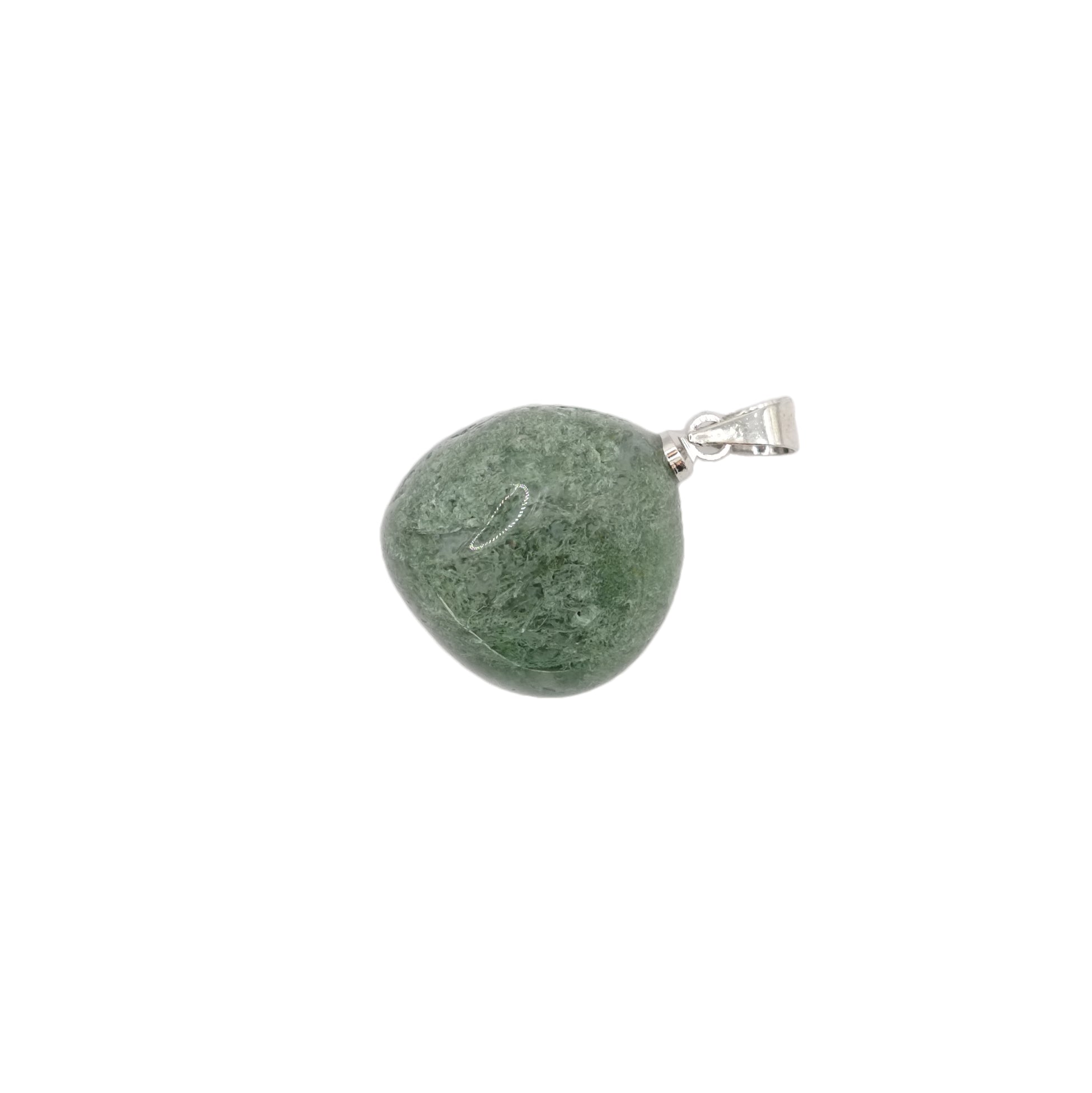 Pendentif pierre roulée en agate mousse du Brésil. La pierre naturelle est marbré vert clair sur fond vert foncé, et de forme ronde.