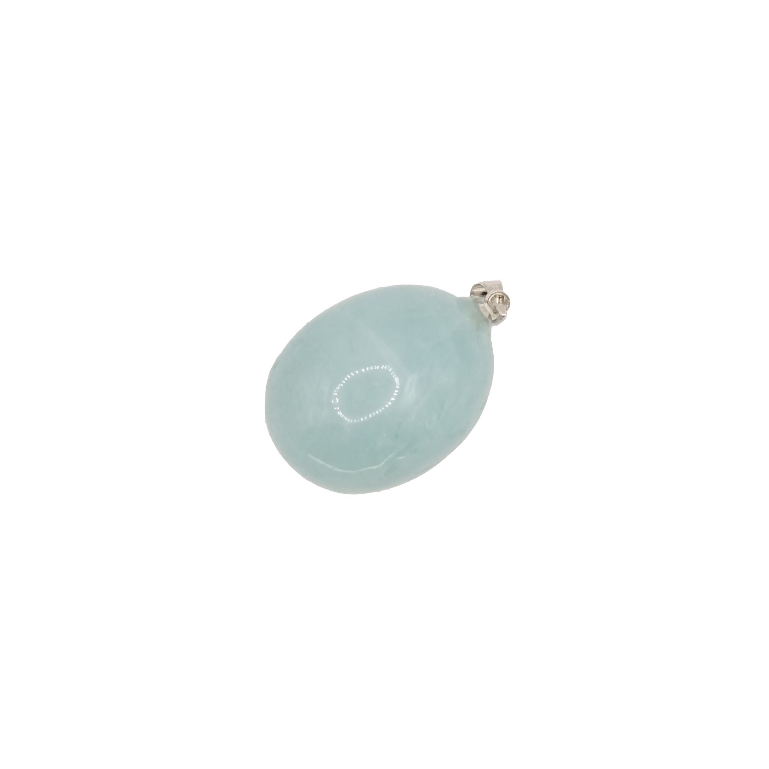 Pendentif pierre roulée en aigue-marine du Brésil de qualité AA, de couleur bleu clair / bleu dragée et de forme ronde.