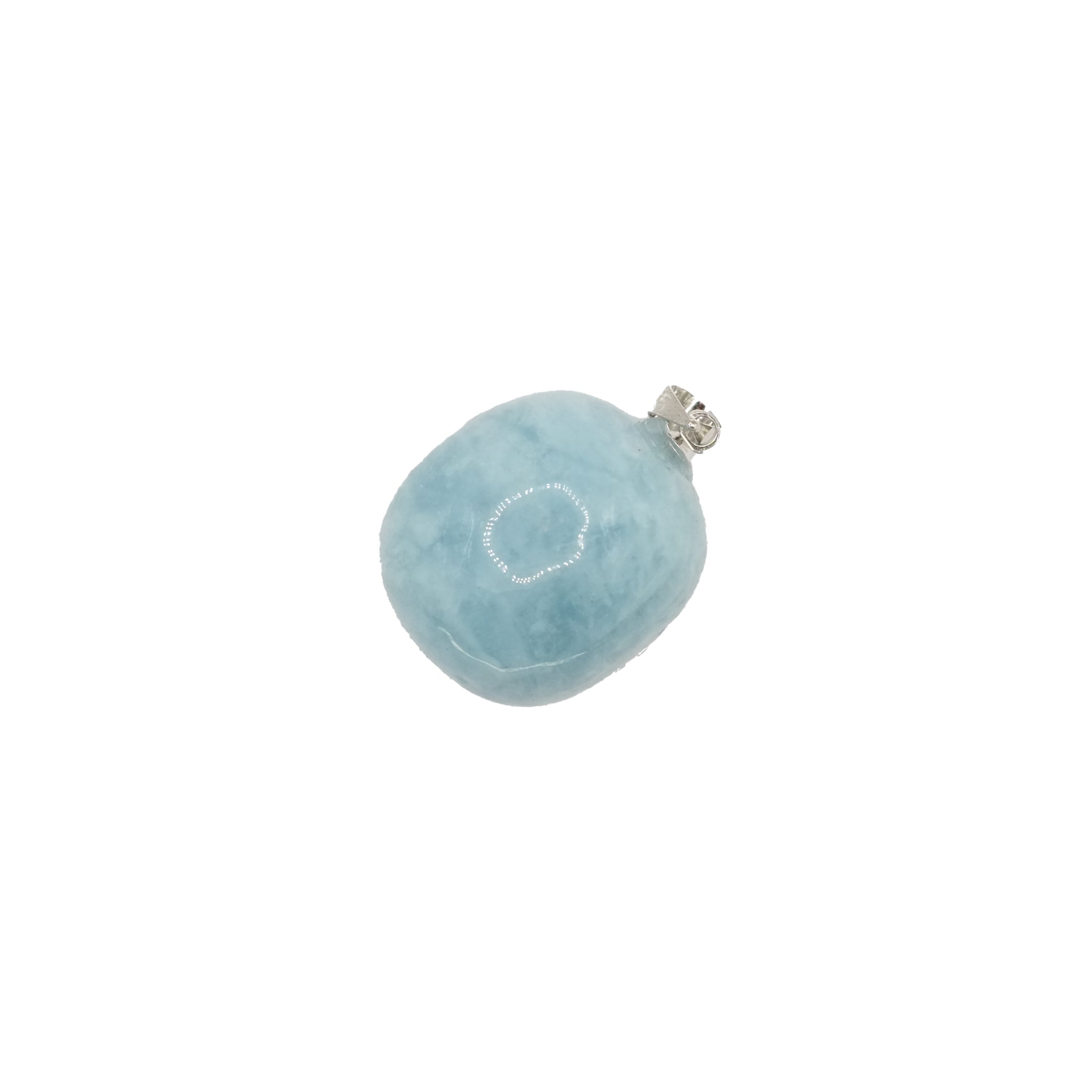 Pendentif pierre roulée en aigue-marine du Brésil de qualité AA, de couleur bleu clair / bleu dragée et de forme ronde.
