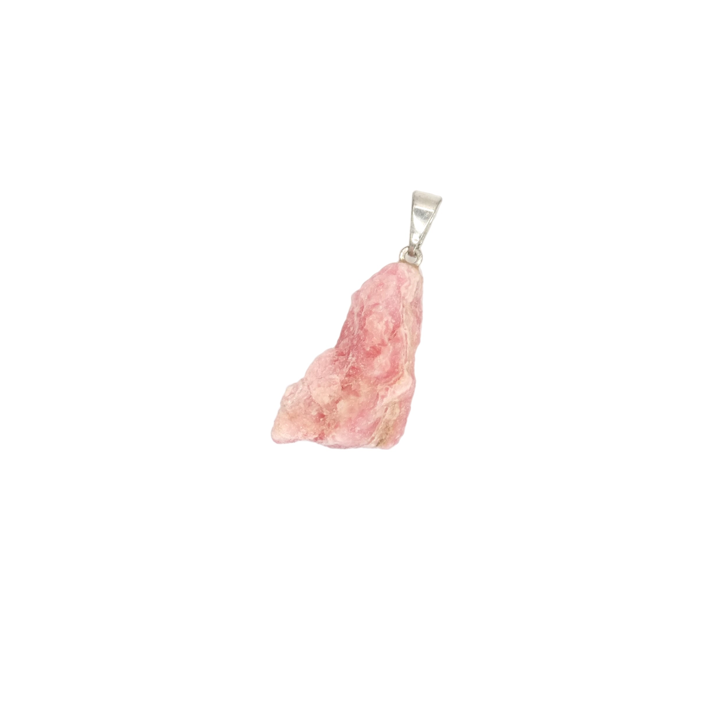 Pendentif pierre brute en rhodochrosite d'Argentine de qualité AA, de couleur rose clair et rose foncé, de forme allongée en trapèze.