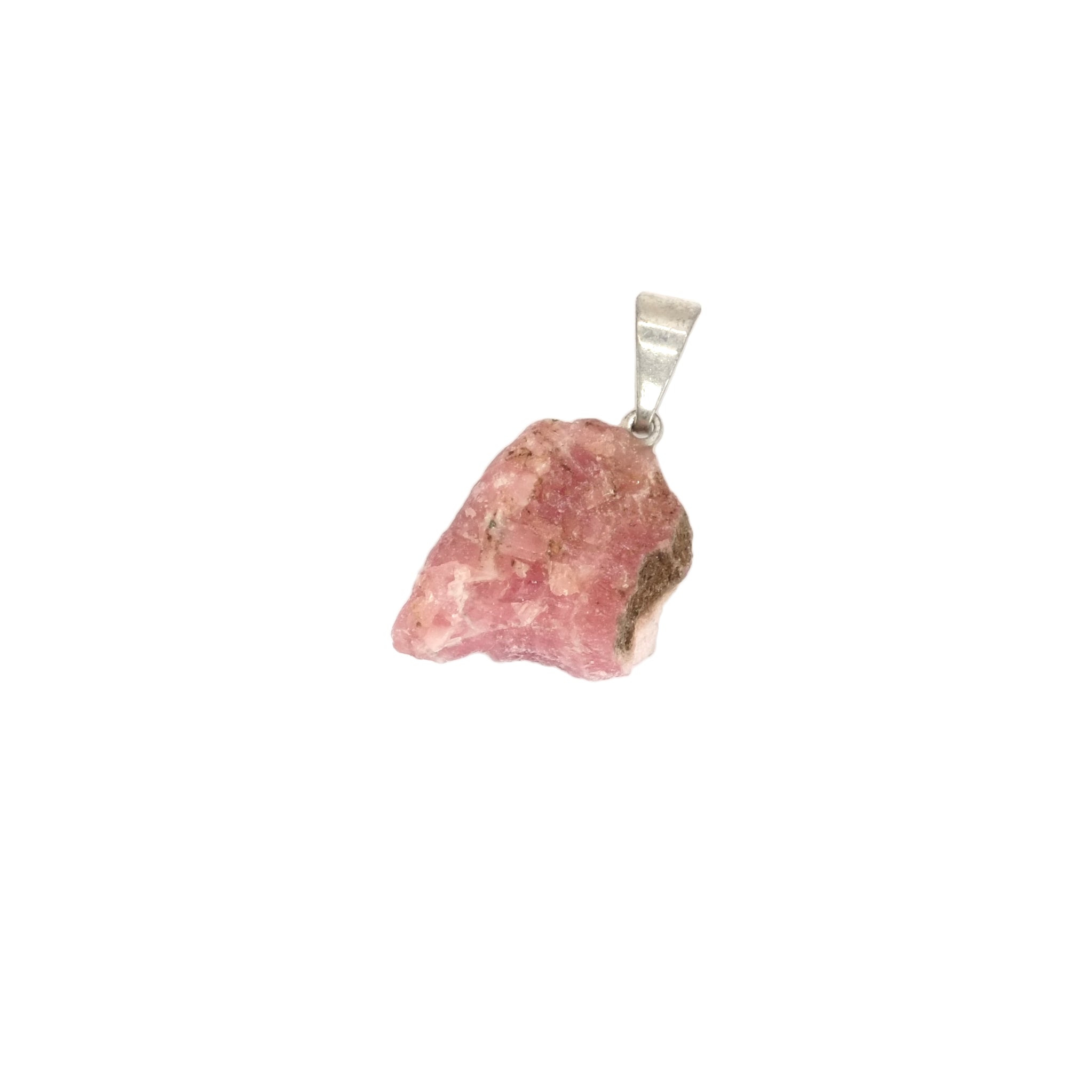Pendentif pierre brute en rhodochrosite d'Argentine de qualité AA, de couleur rose clair et rose foncé, avec quelques inclusions de couleur marron, de forme carrée / trapèze.