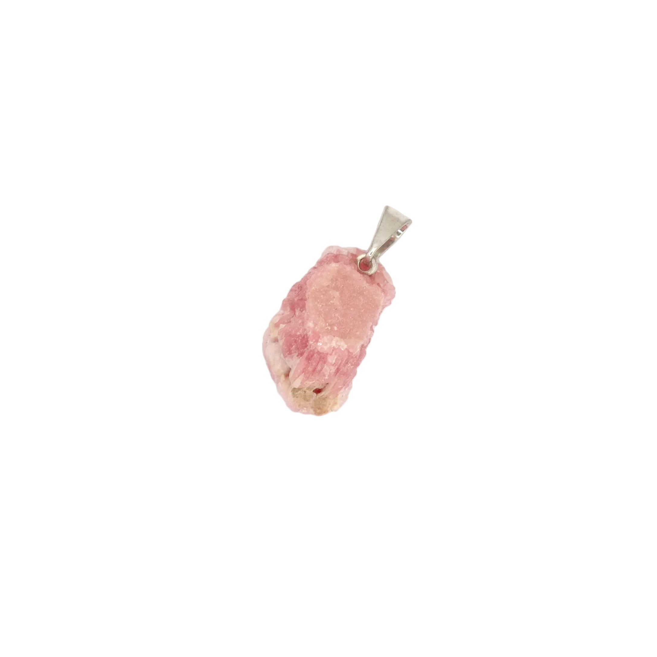 Pendentif pierre brute en rhodochrosite d'Argentine de qualité AA, de couleur rose clair et rose foncé, de forme allongée en trapèze.