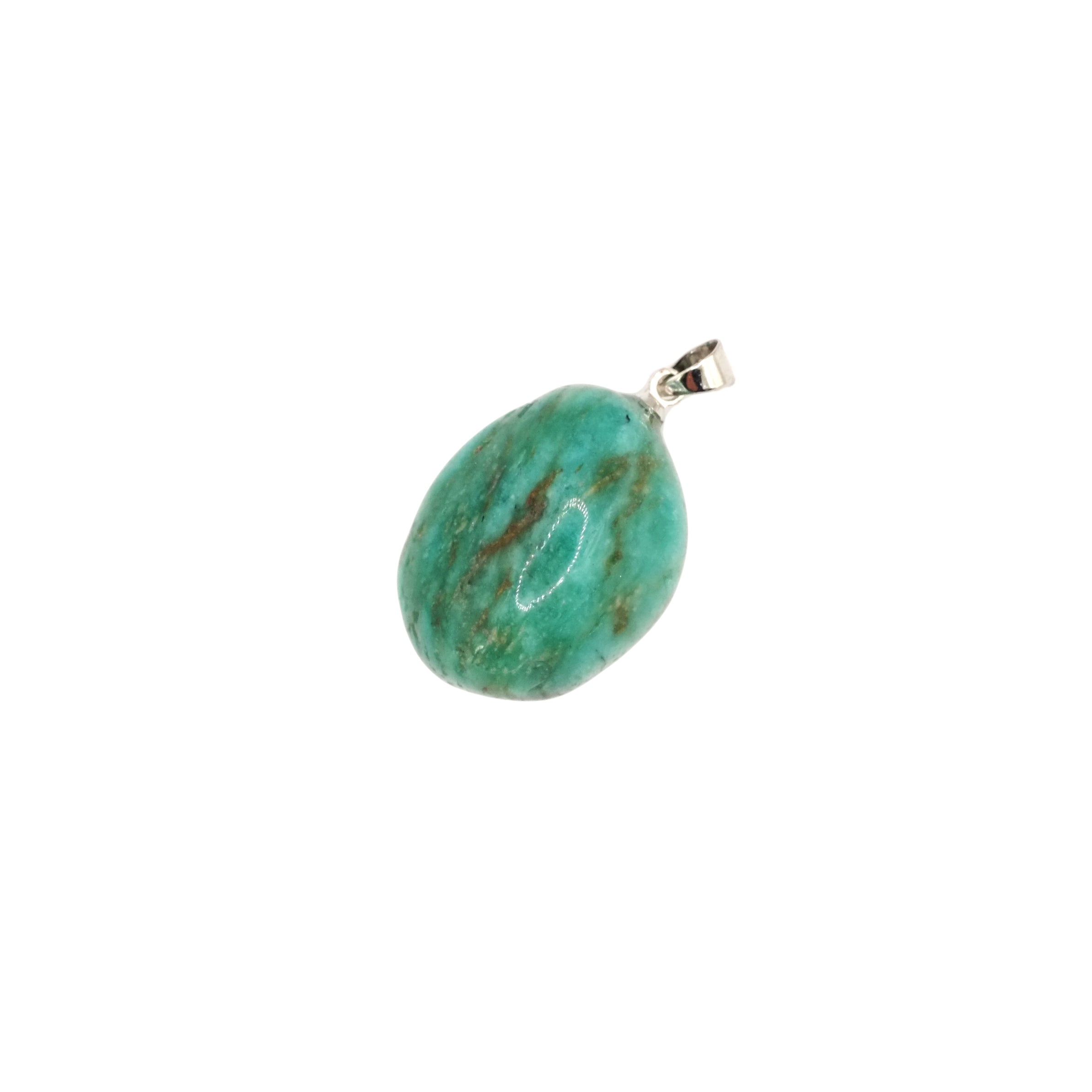 Pendentif pierre roulée en amazonite du Pérou de qualité A, de couleur vert avec des tigrures marron et de forme ronde.