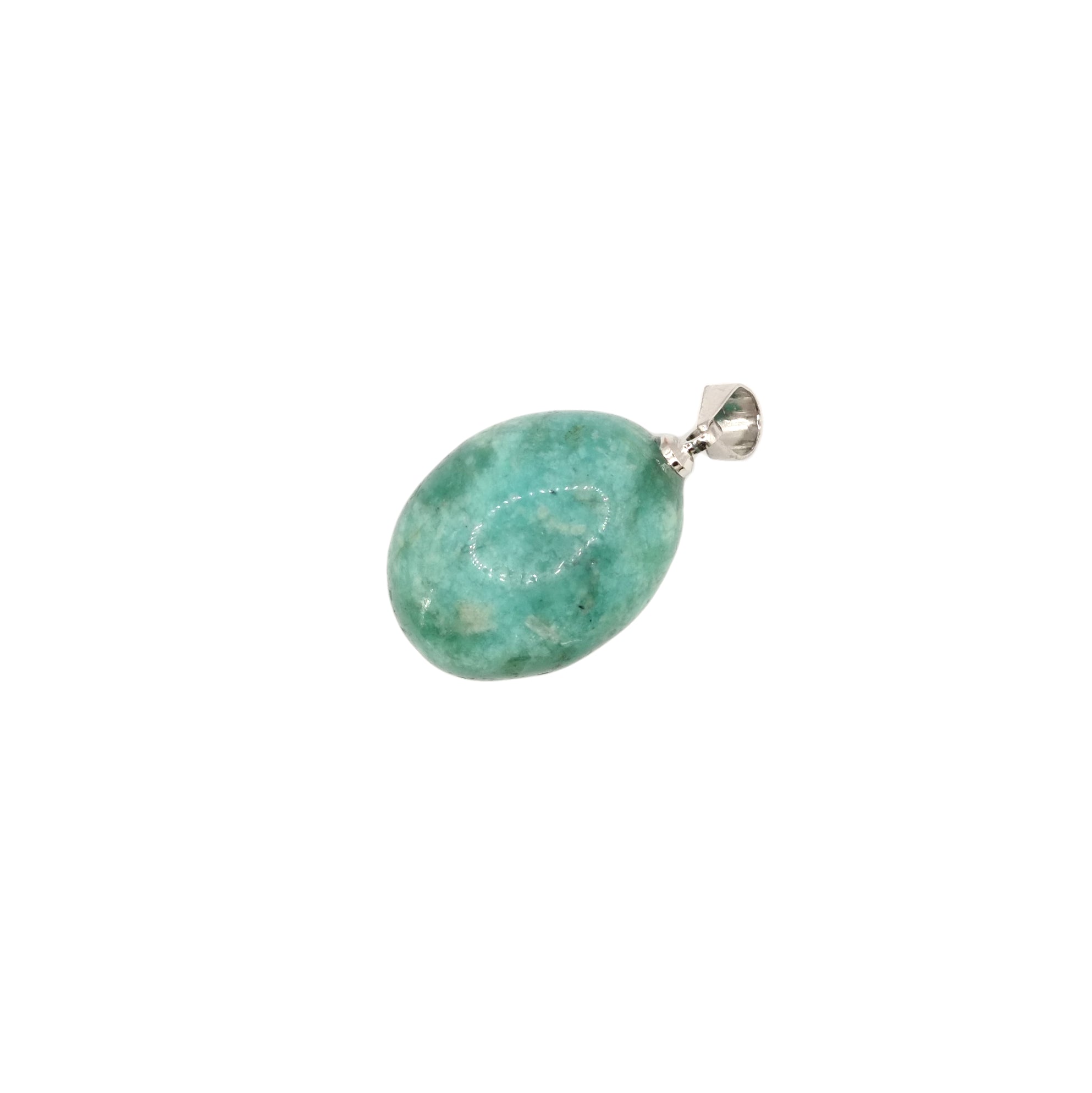 Pendentif pierre roulée en amazonite du Pérou de qualité A, de couleur vert clair turquoise  tachetés de vert foncé, et de forme ronde.