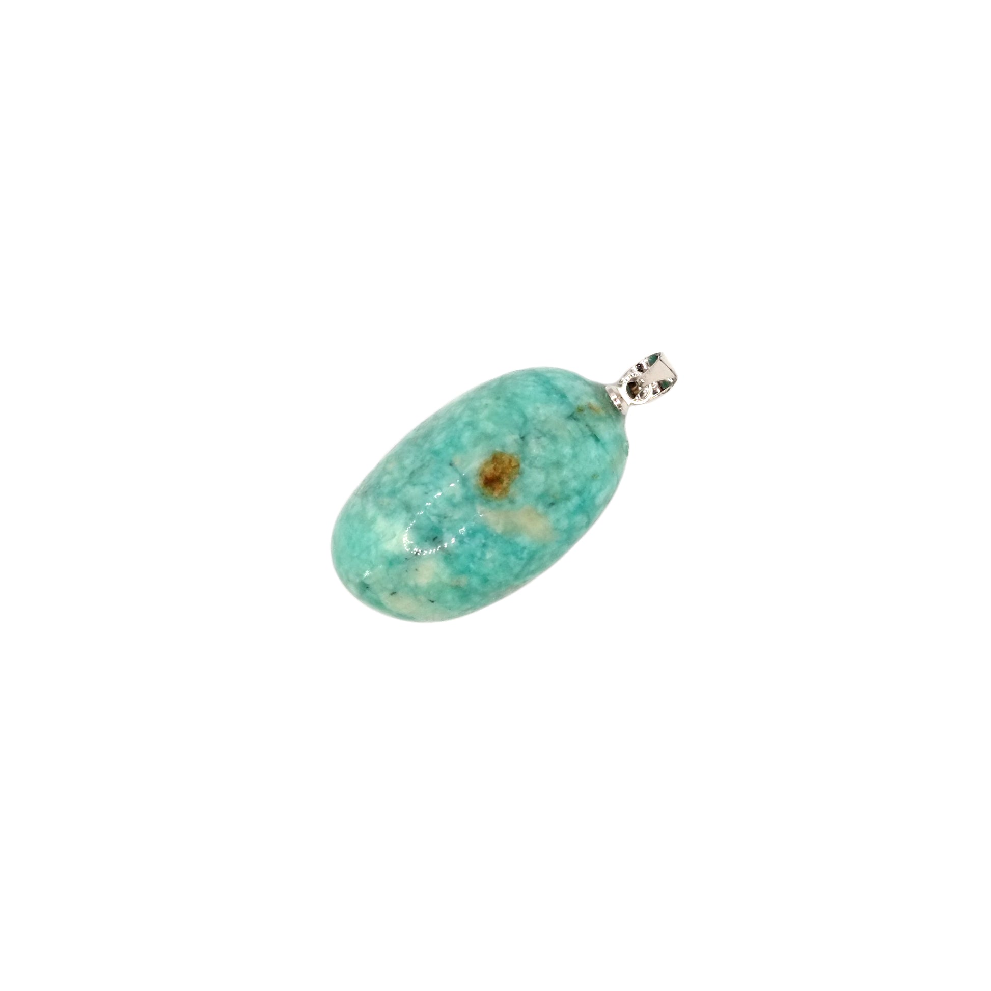 Pendentif pierre roulée en amazonite du Pérou de qualité A, de couleur vert clair turquoise et de forme allongé.