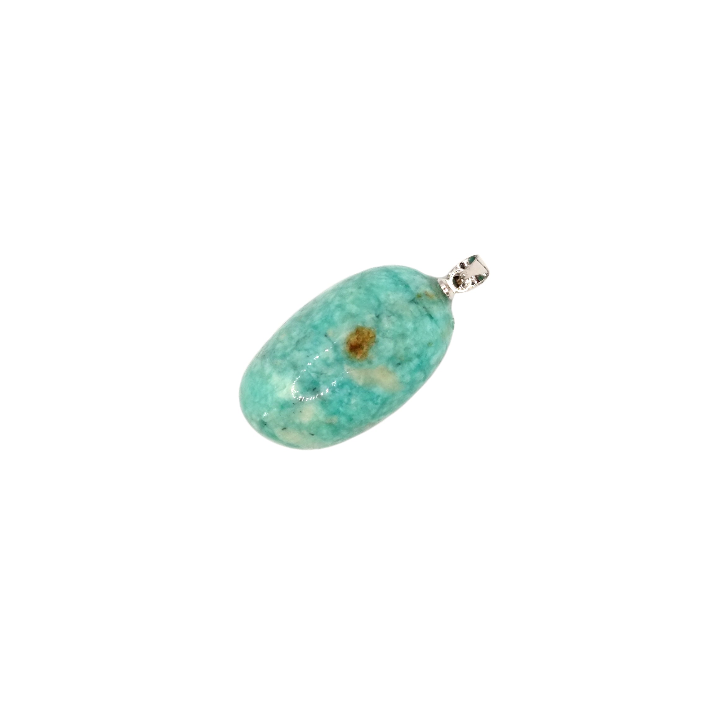 Pendentif pierre roulée en amazonite du Pérou de qualité A, de couleur vert clair turquoise et de forme allongé.