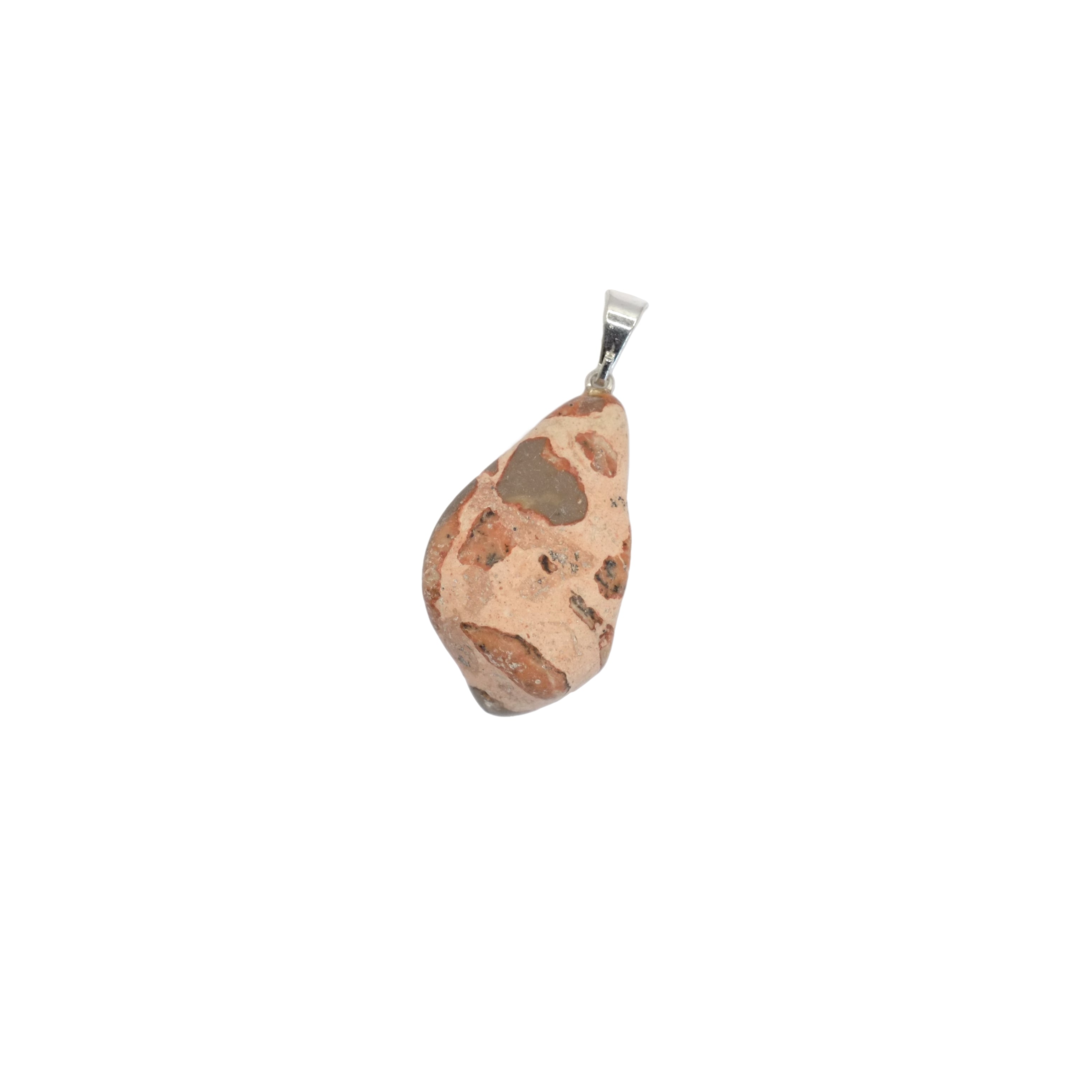 Pendentif pierre roulée en jaspe léopard d'Afrique du Sud de forme allongée.