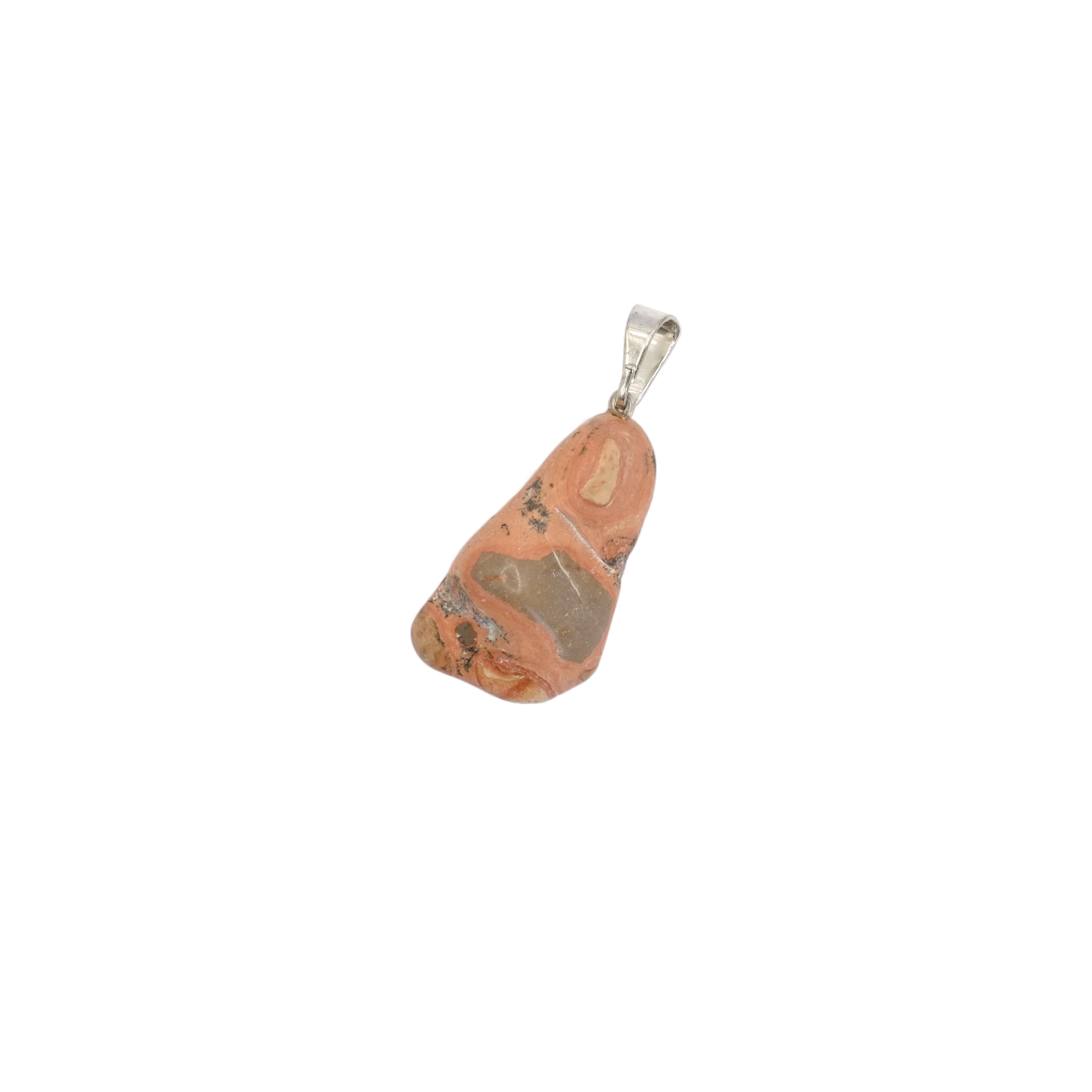 Pendentif pierre roulée en jaspe léopard d'Afrique du Sud de forme allongée.
