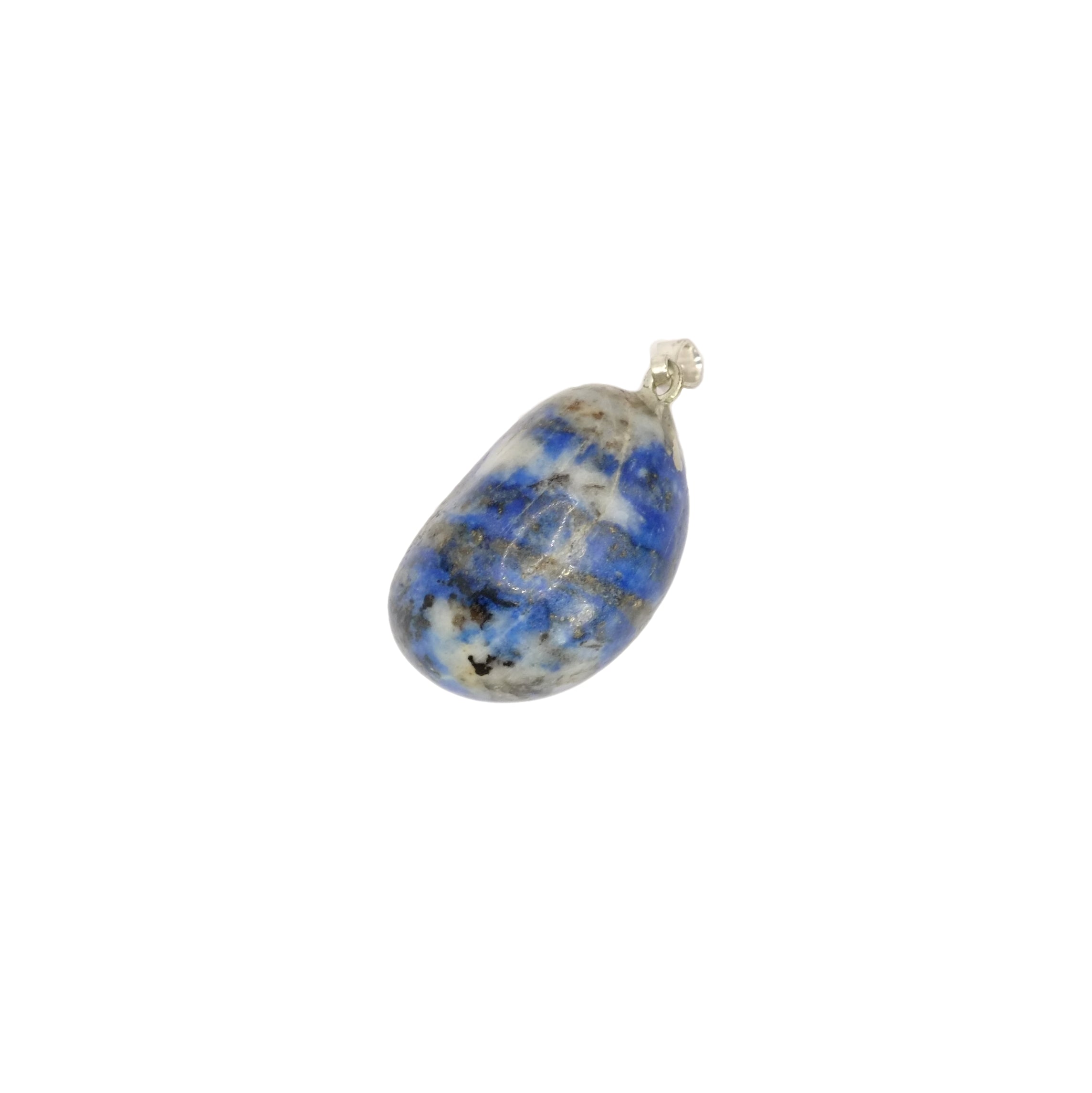 Pendentif pierre roulée en lapis-lazuli d'Afghanistan, de couleur bleu foncé avec des rayures blanches et dorées, de forme allongée.