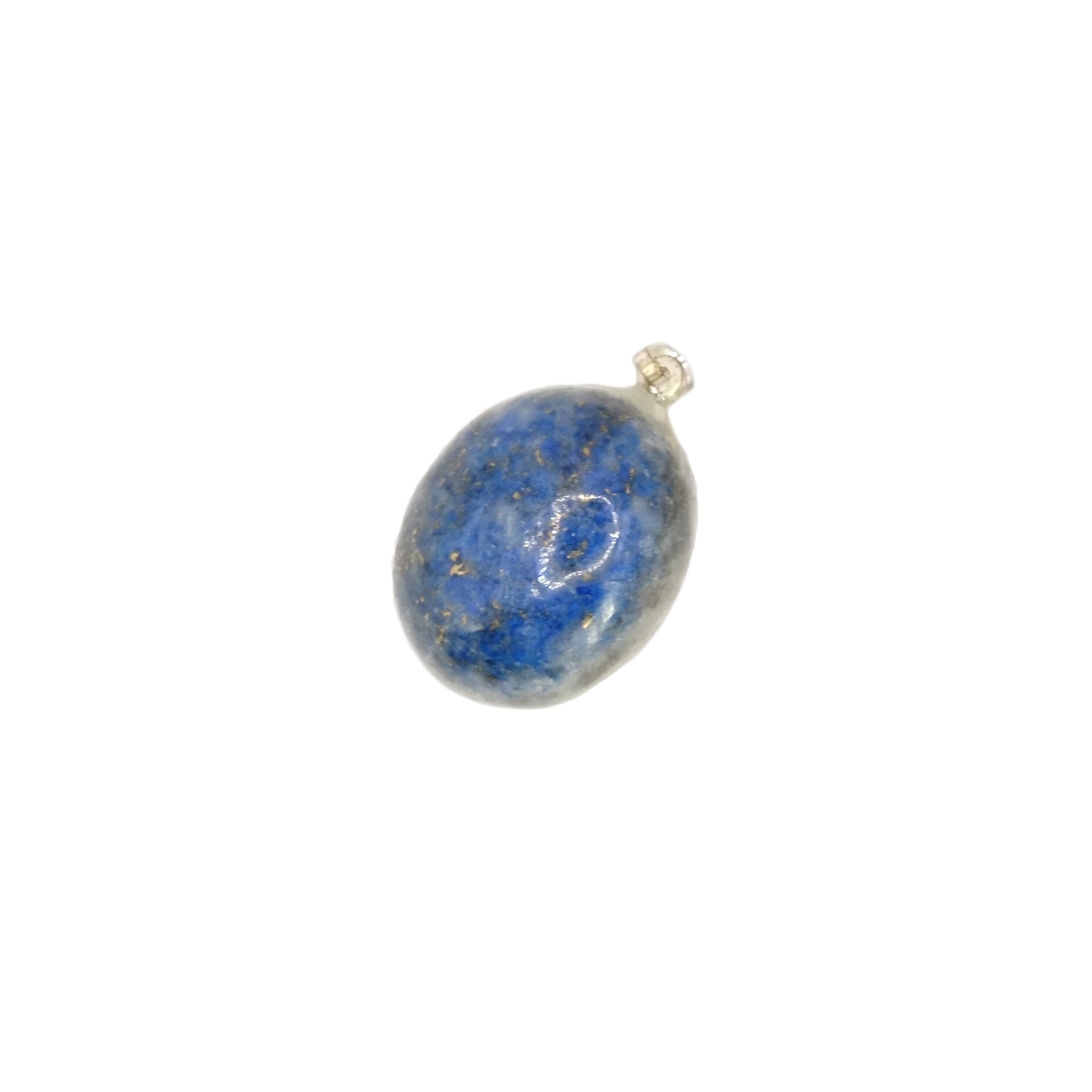 Pendentif pierre roulée en lapis-lazuli d'Afghanistan, de couleur bleu azur d'un côté et bleu et blanc de l'autre, tacheté de doré, et de forme ronde.