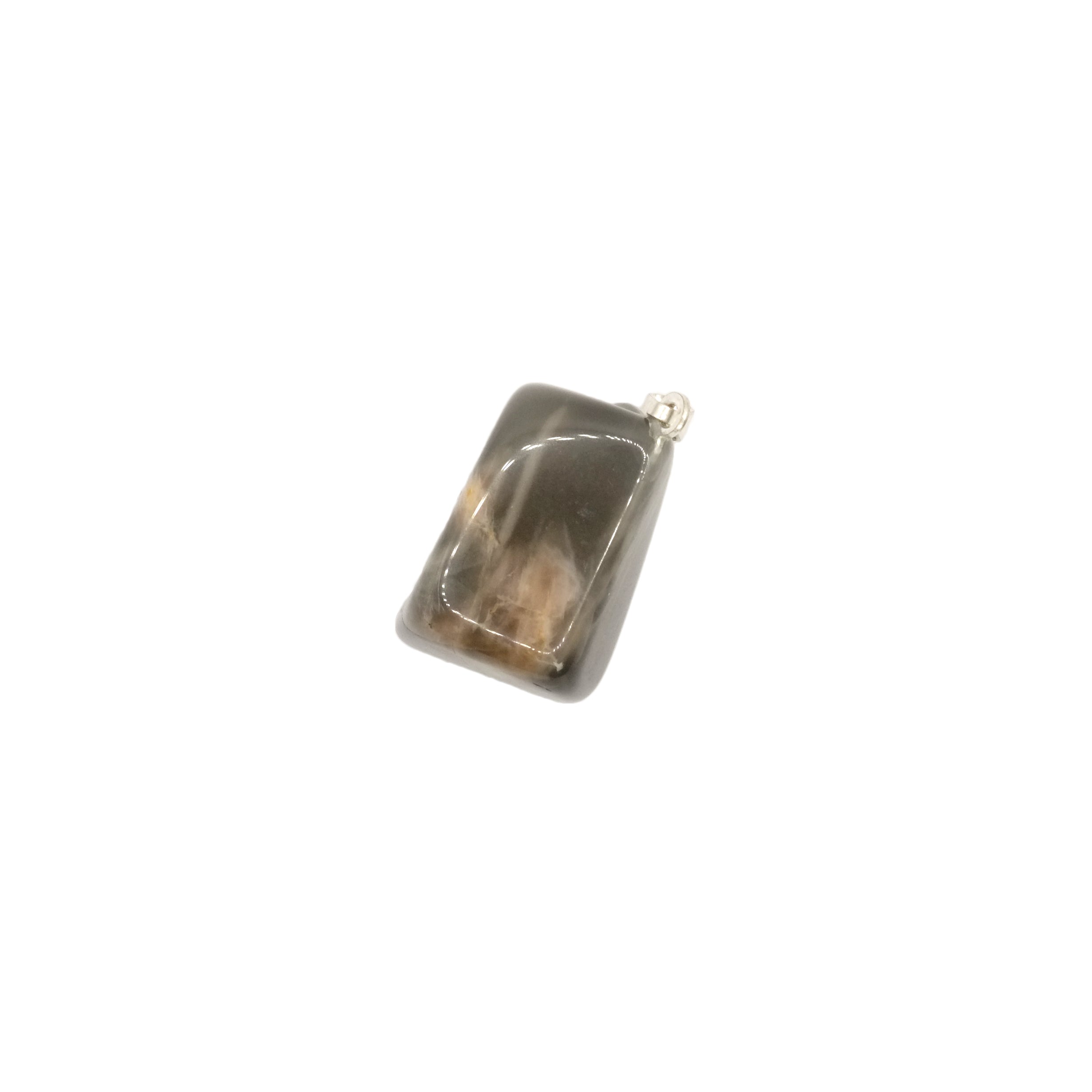 Pendentif pierre roulée en pierre de lune d'Inde, de couleur gris foncé tacheté de couleur beige orangé, et de forme rectangulaire.