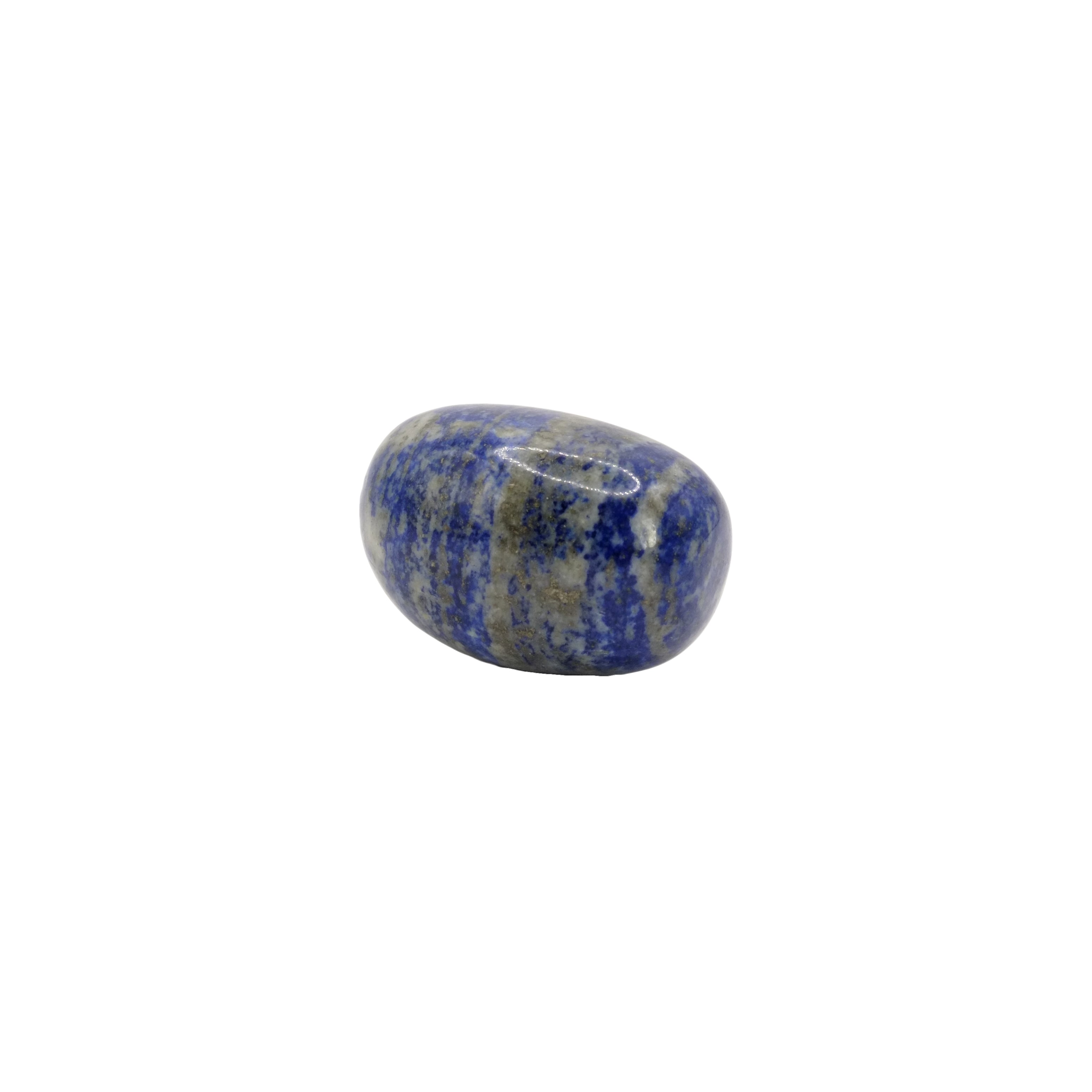 Cette pierre roulée en lapis-lazuli de qualité A provient d'Afghanistan. Elle est de forme ronde, sa couleur de fond est leu azur avec des rayures gris clair et dorées.