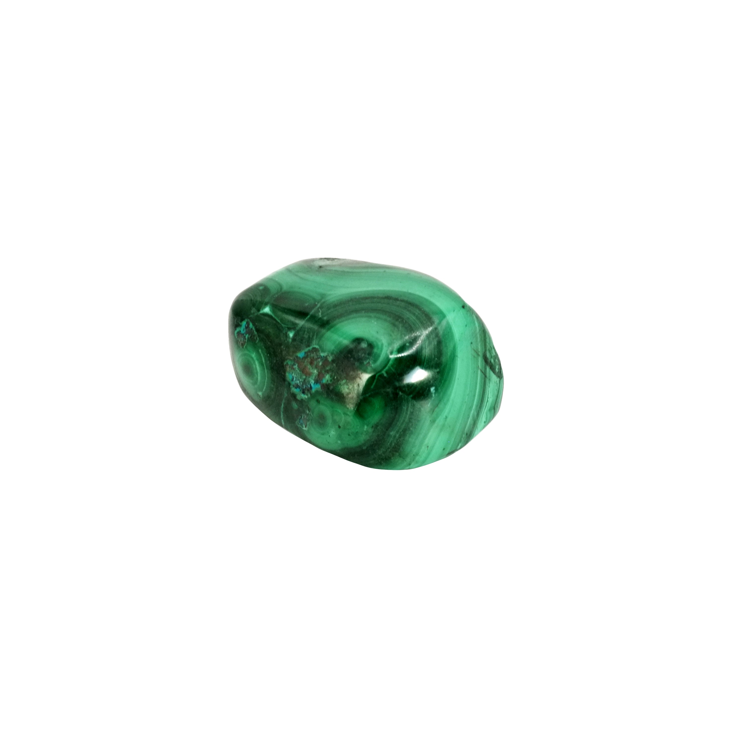 Pierre roulée en malachite de qualité A provenant du Congo, de couleur vert foncé et vert clair avec des dessins de forme ondulées.