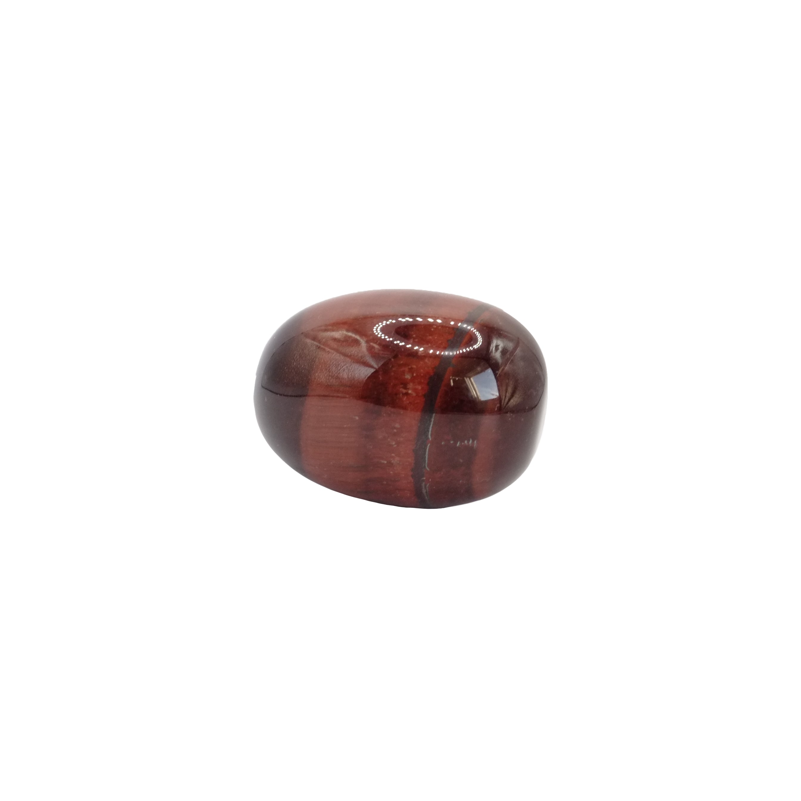 Pierre roulée en œil de taureau de qualité AA+ provenant d'Afrique du Sud, de couleur marron avec des lignes noires qui font le tour de la pierre, et de forme ronde.