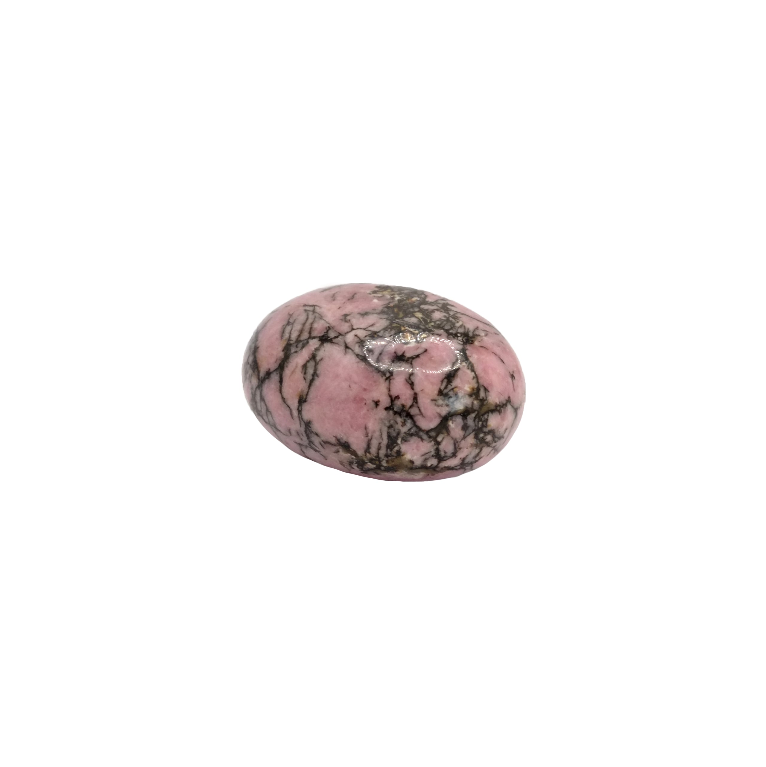 Pierre roulée en rhodonite de qualité A+ provenant de Madagascar, de couleur rose avec des veines noires, et de forme ronde.