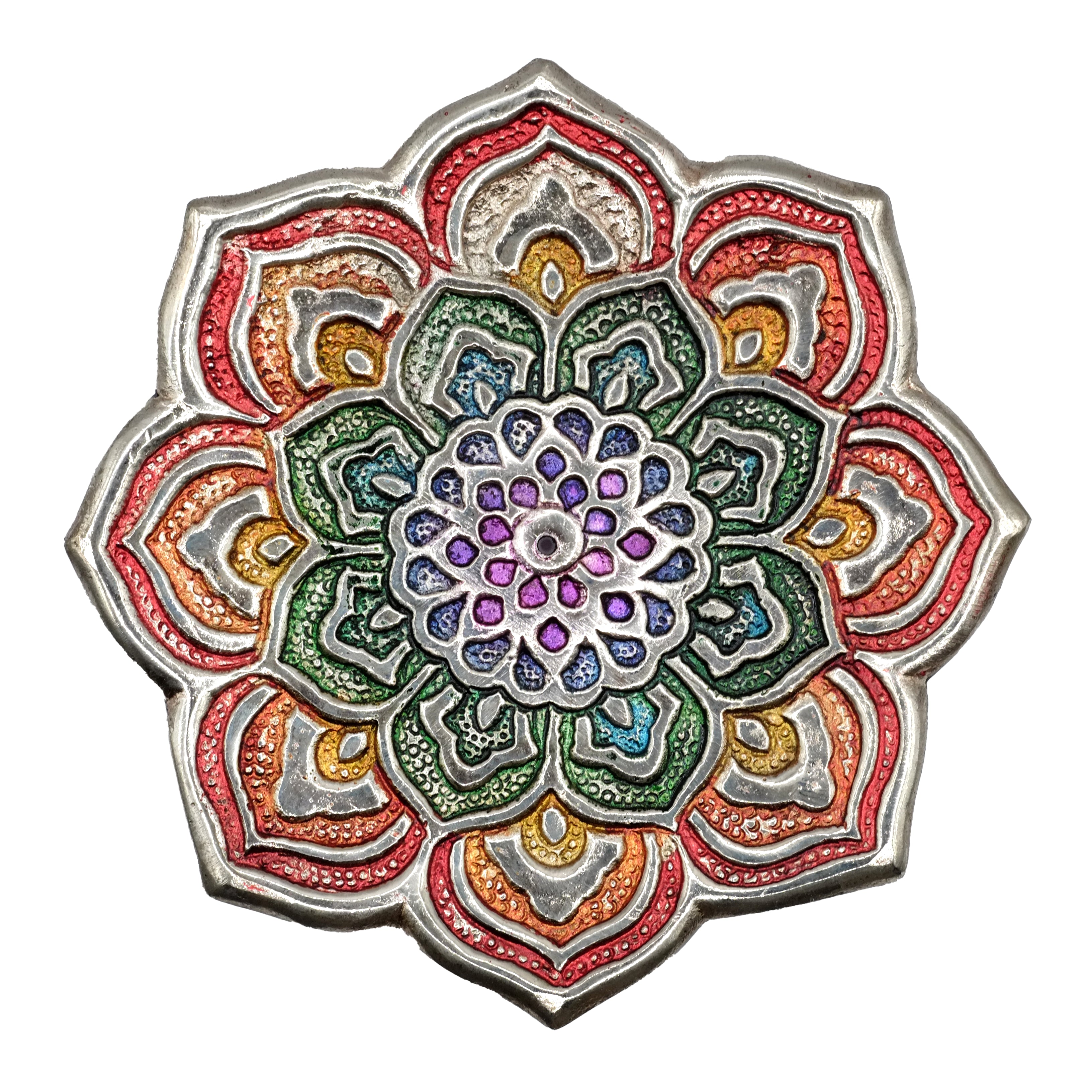 Ce porte-encens doré et multicolore décoratif est composé d'une fleur de mandala spirituel aux pétales arc-en-ciel entrelacés. Une représentation culturelle du lien entre tous les êtres vivants.