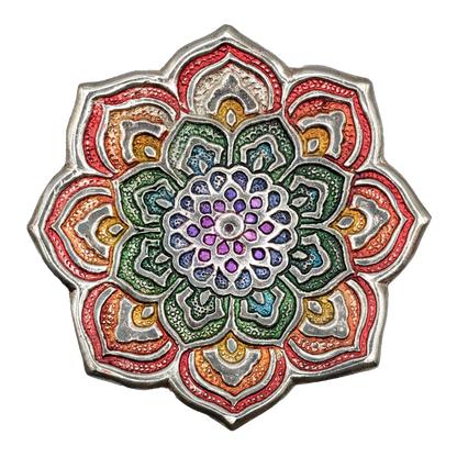 Porte-encens décoratif composé d'une fleur de mandala spirituel aux pétales arc-en-ciel entrelacés