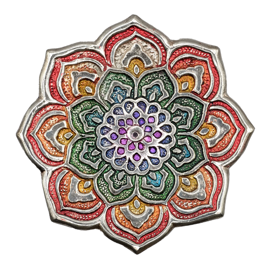 Porte-encens décoratif composé d'une fleur de mandala spirituel aux pétales arc-en-ciel entrelacés