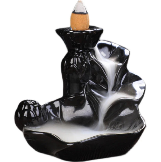 Porte-encens en céramique noir pour cônes à refoulement - Encens inverse - en forme de Cascade