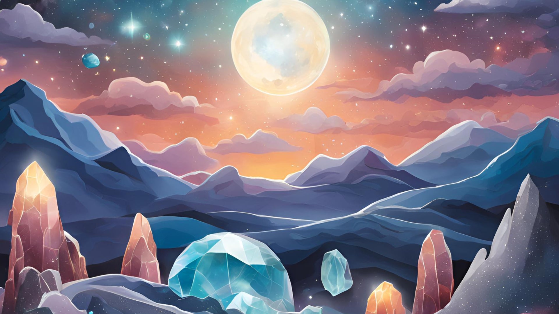 Image en dessin d'un décor montagneux avec des cristaux éclairés par la lune et le ciel étoilé.
